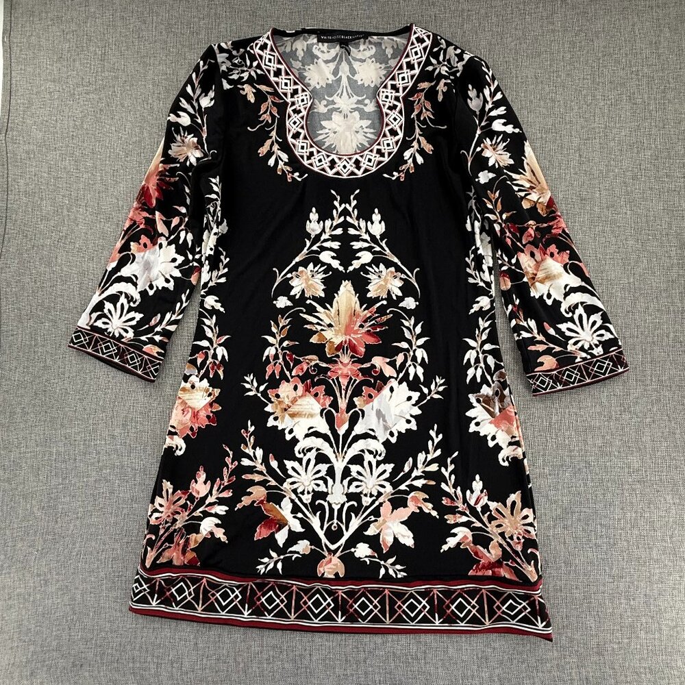 White House Black Market Shift Dress Floral 3/4th Sleeves Stretch Boho XS Embroi